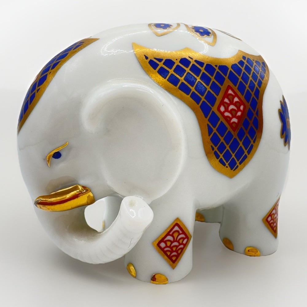 Vintage White Porcelain Elephant Figurine Gold Blue 4" PG Handcrafted Malaysia